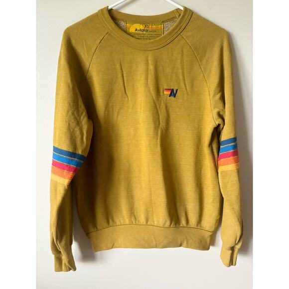 AVIATOR NATION Rainbow Stitch Sleeve Crewneck Sweatshirt Honey XS - Picture 1 of 6